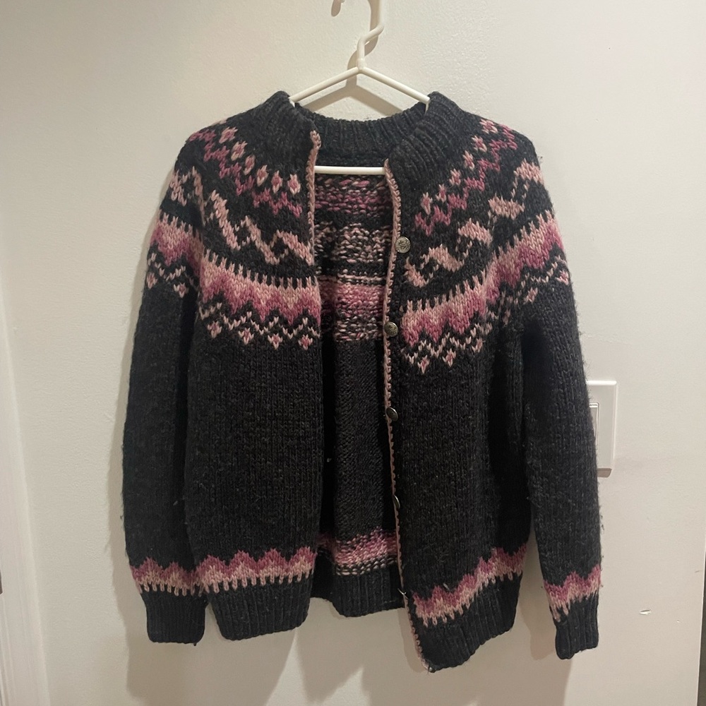 Charcoal & Pink Patterned Wool Cardigan Sweater